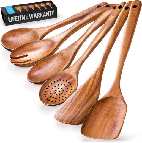 Zulay Kitchen set de 6 cucharas de madera teca, duradero y apto para no rayar ollas
