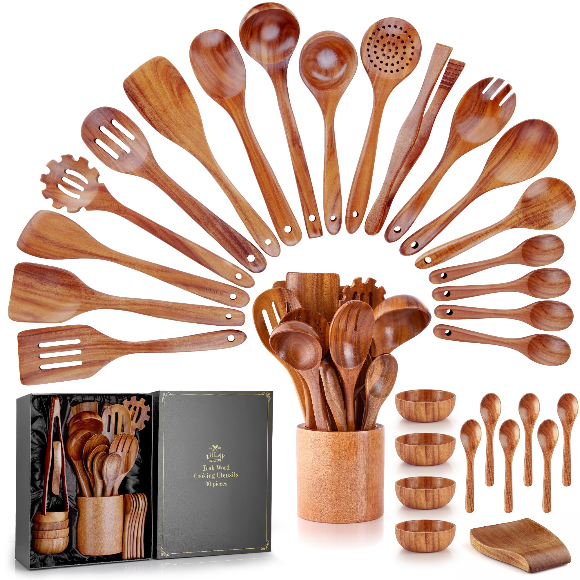 Zulay Kitchen set de utensilios de teca 30 piezas, ideal para cocinar sin rayar superficies.