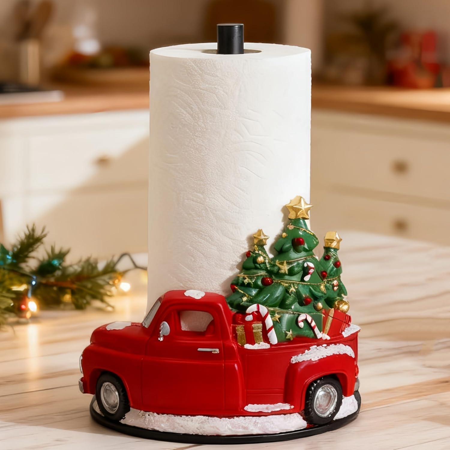 Porta-papel ZUNTO con camión rojo, ideal para encimeras festivas.