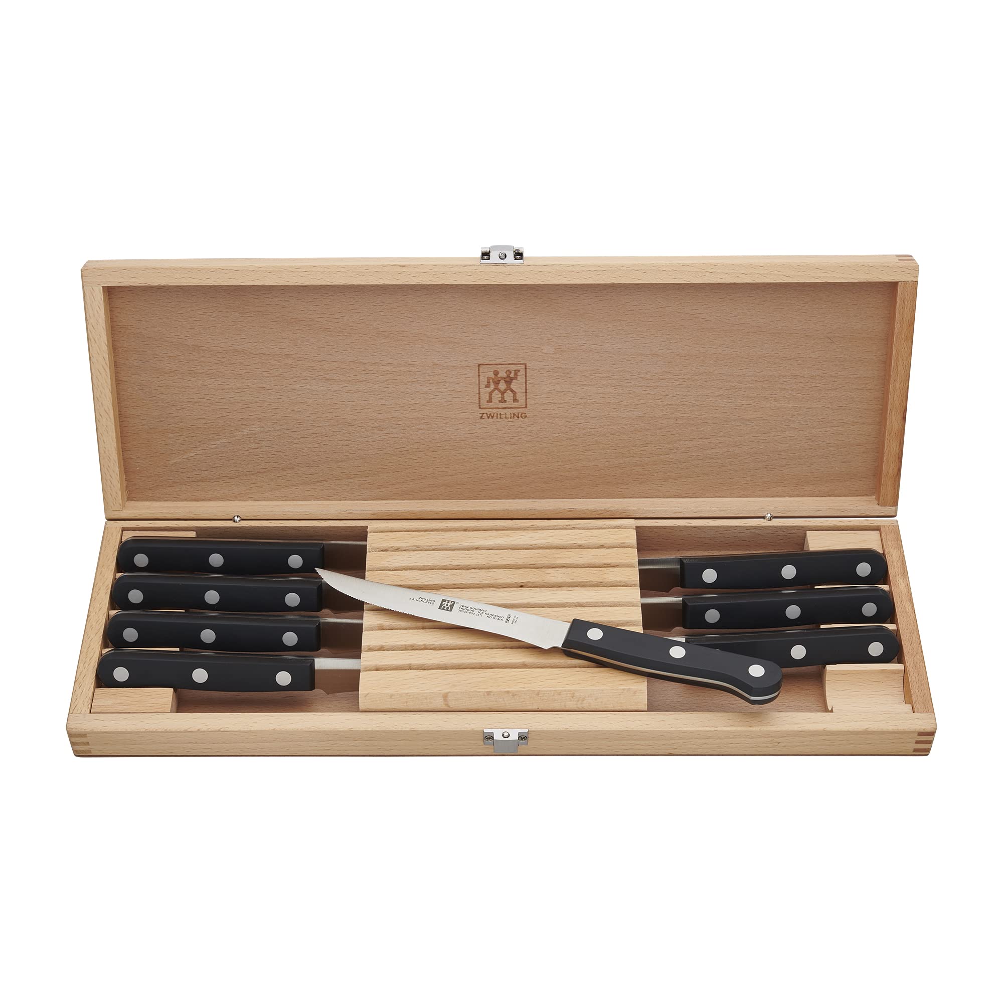 Cuchillos ZWILLING Twin Gourmet Classic dentro de una caja de madera para presentación elegante