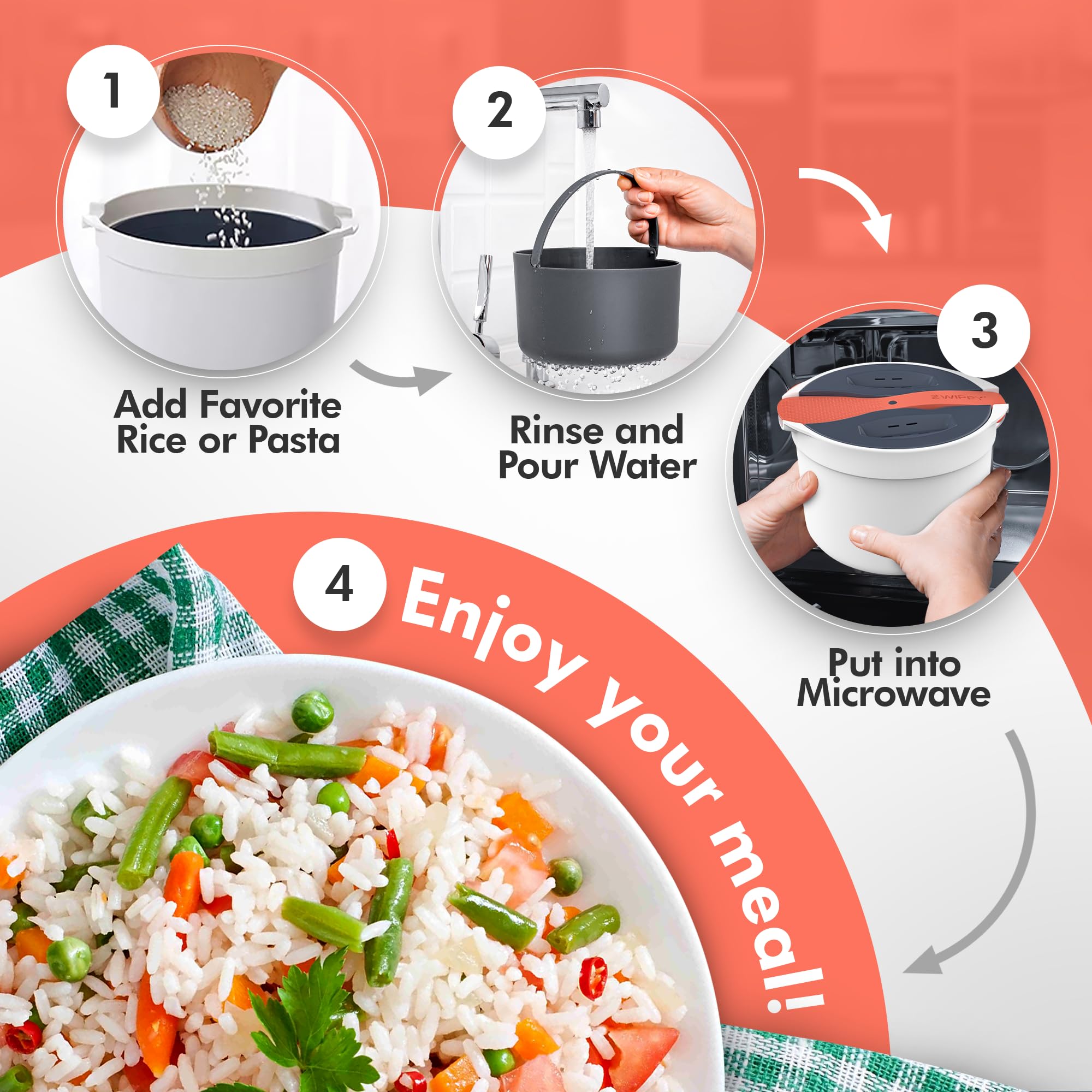 Zwippy todo en uno para cocinar y escurrir en el microondas