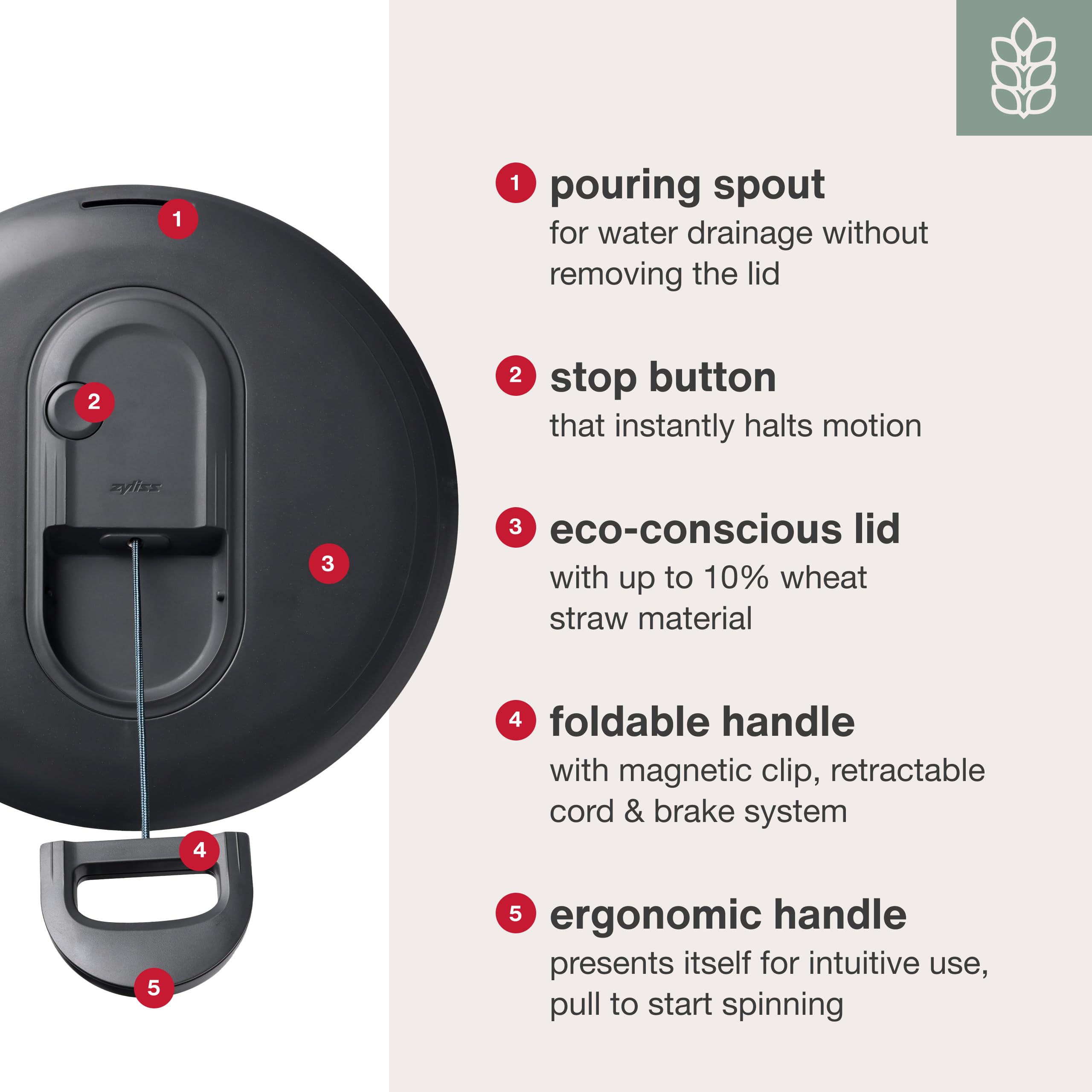 Zyliss Easy Spin sistema de freno para secado controlado.