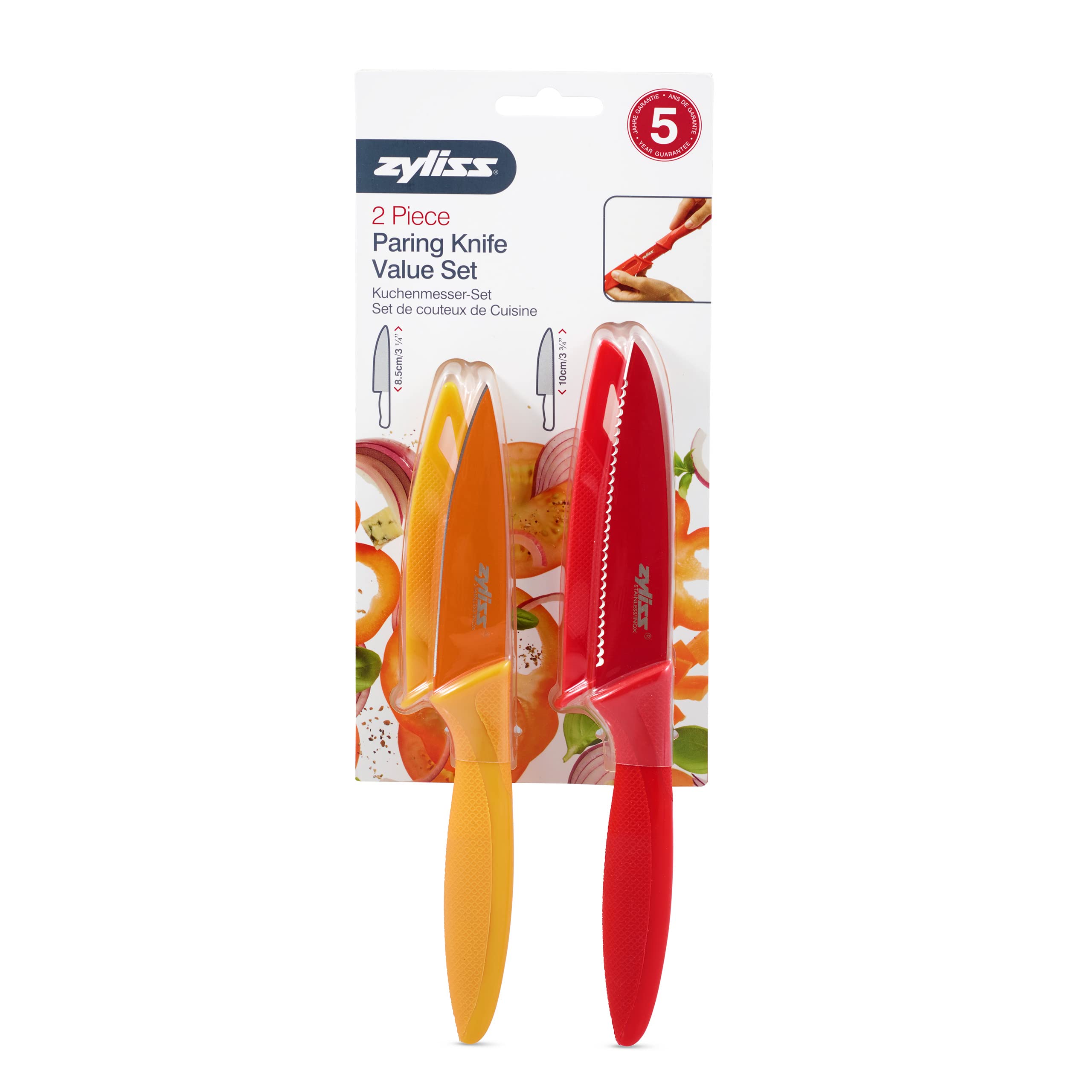 Conjunto de dos cuchillos para pelar Zyliss con funda para almacenamiento seguro.
