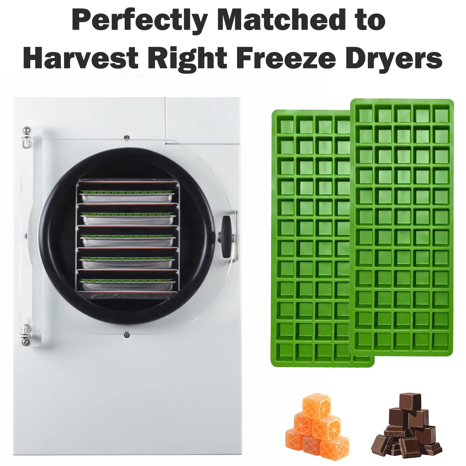 Zynexa moldes silicona Harvest Right, aptos para congelar y formar cubos prácticos.