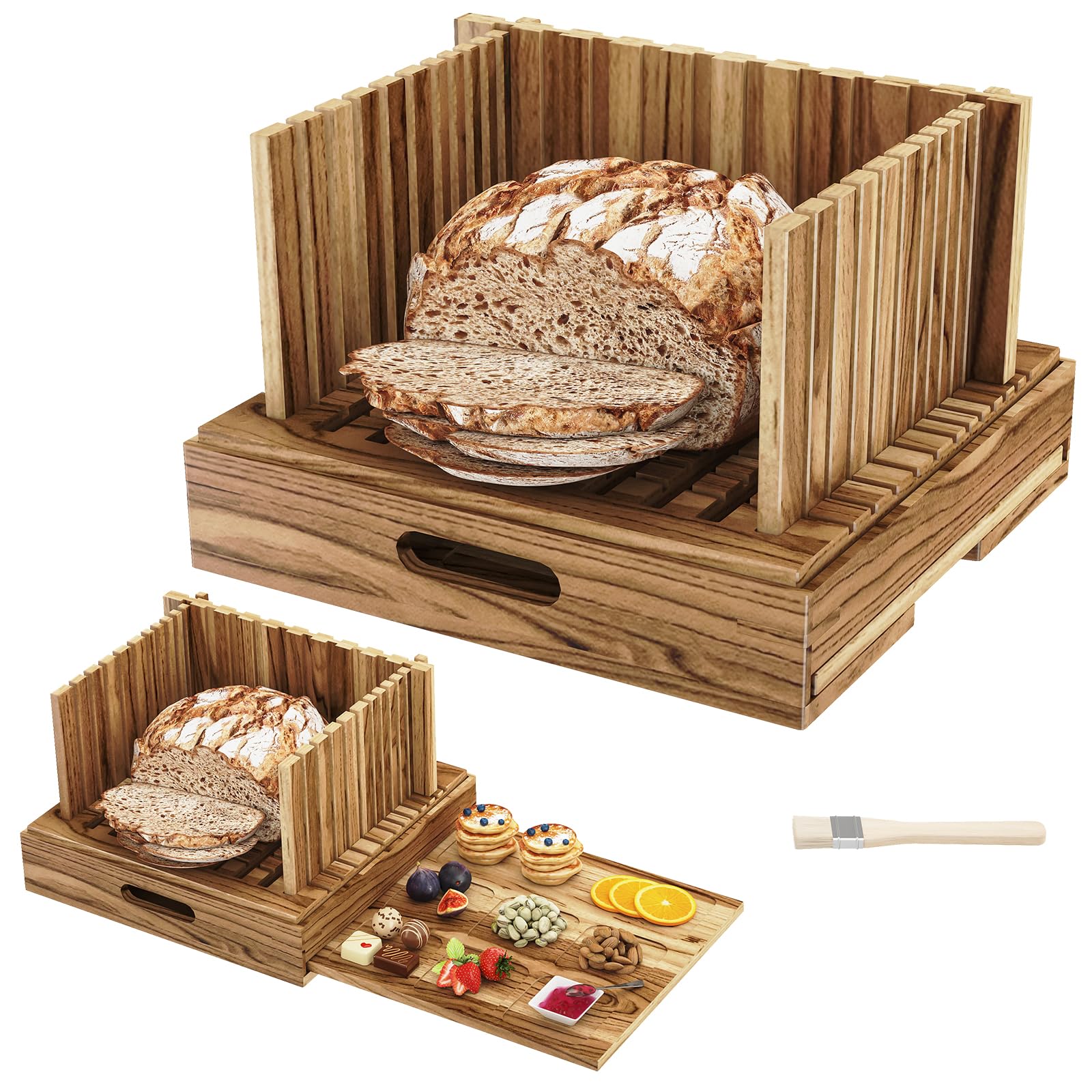 Cortador Zyraflux de pan en madera de acacia con ancho ajustable para panes caseros.