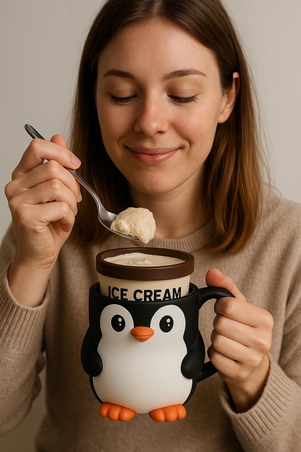 Ranuras para cucharas en ZZ LIFE porta-pinta helado con diseño pingüino.