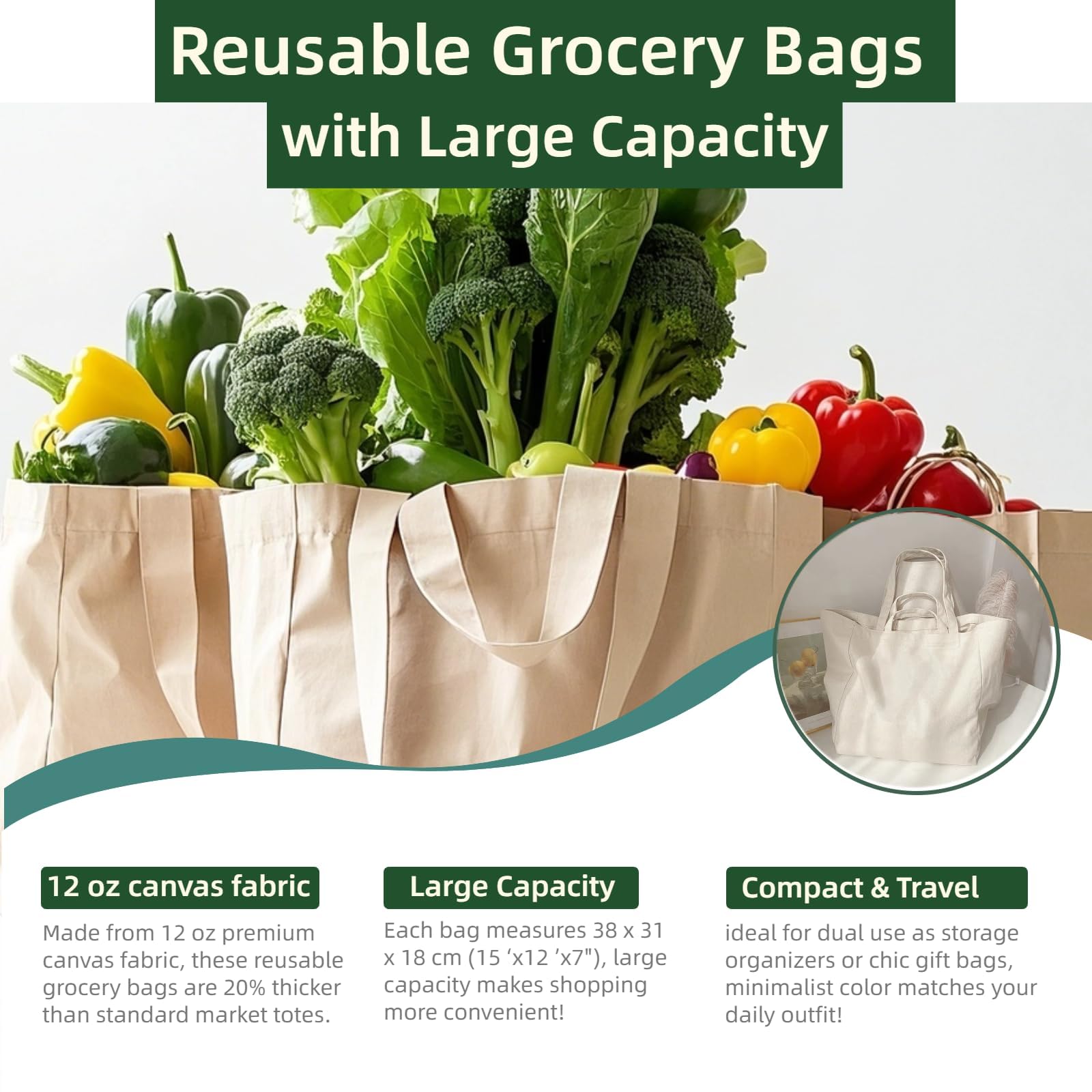 ZZCJAY bolsa de lona 38x31x18 cm, gran capacidad para compras y objetos.