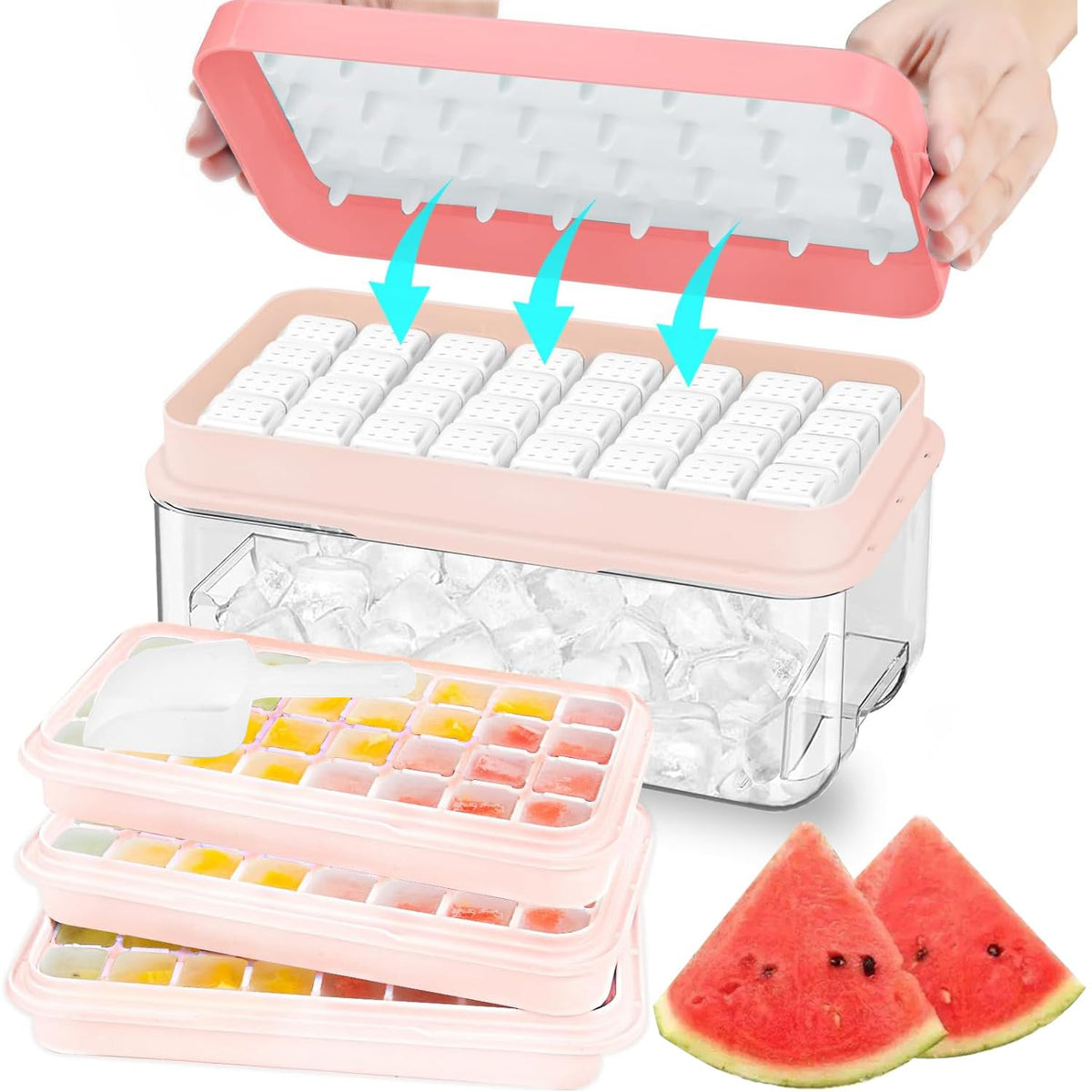 ZZWILLB bandeja de hielo 3 niveles con tapa y cazo en rosado para liberar cubos rápidamente.